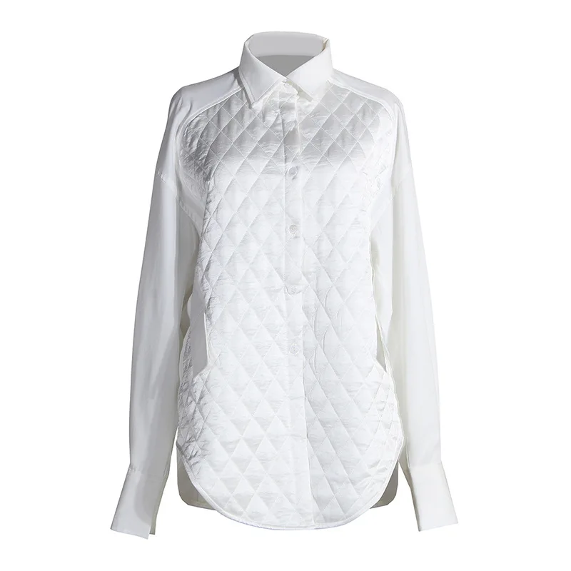 

Women White Brief 3D Rhombus Blouse Tops Long Sleeve Loose Fit Argyle Retro Fashion Tide Spring Autumn Female Snaps Shellort