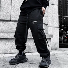 Men Streetwear Hip Hop Black Cargo Pants Pockets Harajuku Harem Pants Swag Ribbon Joggers Pants HipHop Sweatpants Trousers