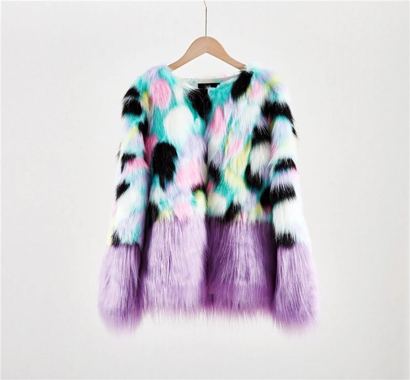 Зимнее женское пальто из искусственного меха свободного размера плюс, свободное разноцветное пальто в стиле пэчворк, женские толстые теплые меховые куртки, кардиган, верхняя одежда - Цвет: Фиолетовый