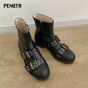 

2020 PENUTA Women Rivet Ankle Boots Belt Buckle Black Short Boots Round Toe Punk Style Fashion Studded Shoes Brand Design D0029