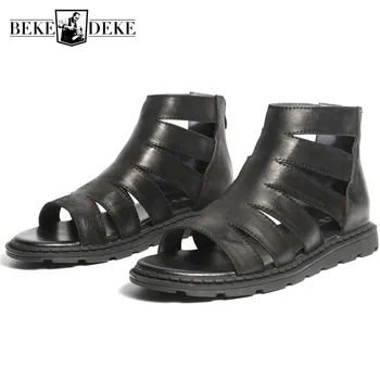 

High Mens Summer Fashion Top Hollow Out Gladiator Man Zipper Open Toe Flats Genuine Leather Shoes Beach Sandals White