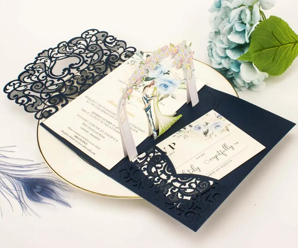 1x 3D POP UP Wedding Invitation Greeting Card gold gray tri 3 Fold Pocket Laser cut With Envelope