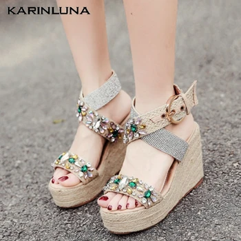 

KarinLuna 2020 New Arrivals Women Pumps High Wedges Platform Mixed Colors Crystal Sandals Summer Party Lady Women Shoes