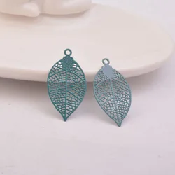 Set of 50 Painted Brass Leaf Charms - Elegant Filigree Pendants (Dark Green)