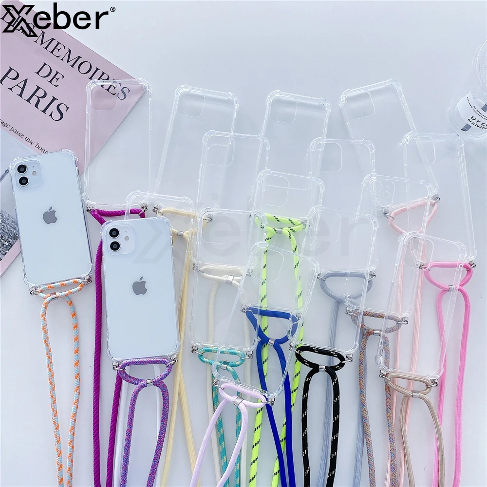 Necklace Lanyard Strap Chain Phone Case For iPhone 13 Pro Max 12 11 14 XS X XR Mini SE 2 6S 7 8 Plus Transparent Soft Rope Cover cute iphone 11 cases