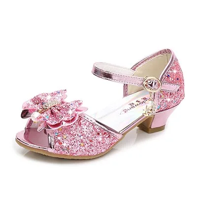 Princess Kids Leather Shoes for Girls Flower Casual Glitter Children High Heel Girls Shoes Butterfly Knot Blue Pink Silver B pink