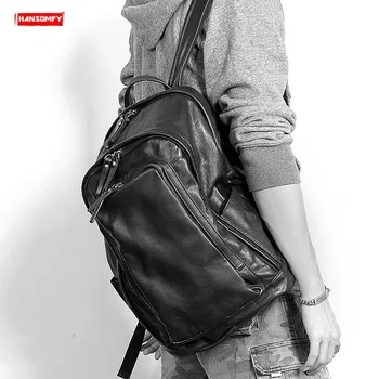 

Simple Cowhide Men Backpack Fashion Genuine Leather Laptop Big Shoulder Bag Male Backpack First Layer Vegetable Tanned Leather