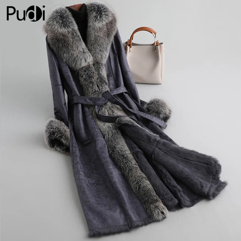 

A89105 Women polyester fabric coat lady fox fur collar rabbit fur lining leisure Fall/Winter wool long outwear