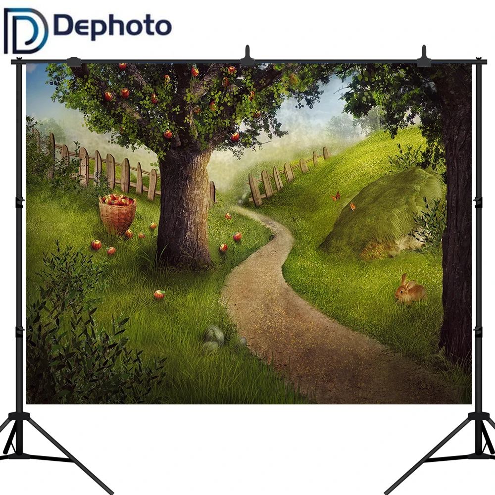 

Dephoto Easter Apple Tree Backdrop Bunny Wooden Fence Rabbit Trail Photography Background Fairyland Farm Party Photo Studio Prop