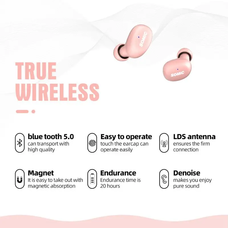 Somic W10 TWS bluetooth 5.0 Earphone Mini Portable LDS Antenna Macaron Color Smart Touch Stereo Denoise Headset with Mic