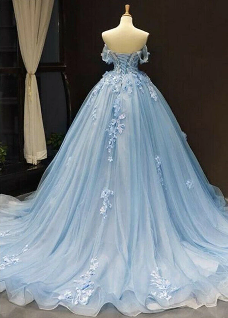 Elegant Sweetheart Neck Evening Dresses 2022 New Elegant Light Blue Off The Shoulder Appliques Formal Long Prom robe de soiree