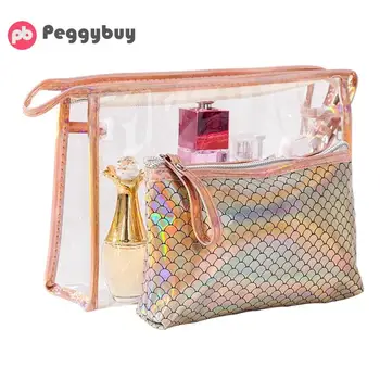 

2pcs/set PVC Laser Cosmetic Organizer Makeup Clutch Transparent Casual Multi-function Travel Wash Storage Bags