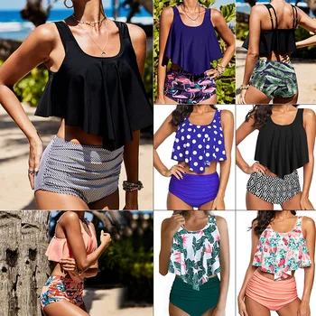 

Ladies Bikini Swimsuit Printed Ruffled High Waist Briefs Split Swimsuit with Chest Pad Ladies Beachwear Europe and America