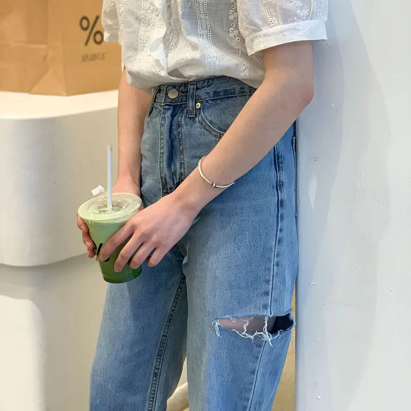 

Women's tattered jeans pure cotton summer thin wide leg pants high waist loose large jeans pants casual pants