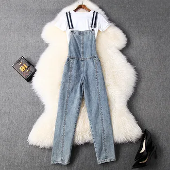

Women girls white t-shirts short sleeve tops tee + denim jeans pant suit striped strap overalls casual two piece set 2020 summer