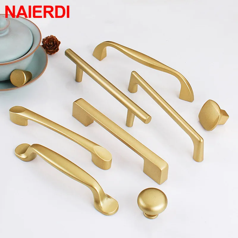 NAIERDI Matte Gold Cabinet Handles European Style Solid Aluminum Alloy Kitchen Cupboard Pulls Drawer Knobs Furniture Handle