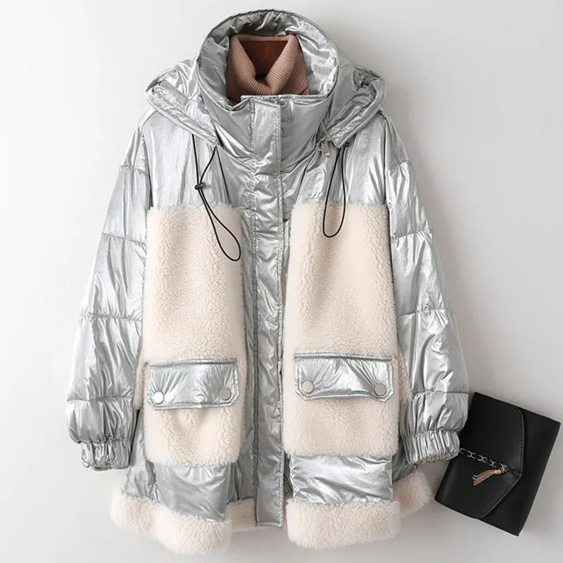 Модная парка женская зимняя пуховая куртка стеганая шерстяная овечья стрижка куртка женская пуховая парка пальто теплая верхняя одежда с капюшоном - Цвет: silver