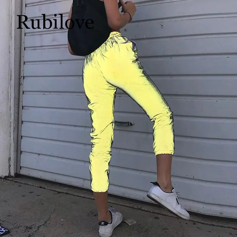 

Rubilove Reflective pants women high waist harm pants sweatpants jogger punk sweatpants autumn winter women casual streetwear tr