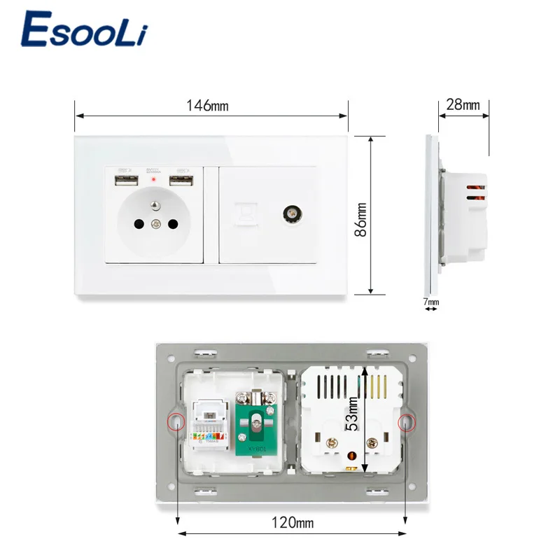Стеклянная панель ESOOLI французская стандартная электрическая розетка с 2 USB + RJ45