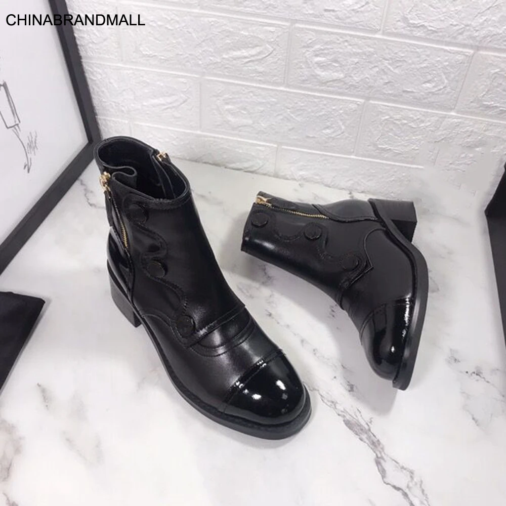 

New Autumn Winter Black Genuine Leather Boots Round Toe Med Heels Square Heel Ankle Boots Sheepskin Lining Rubber Sole