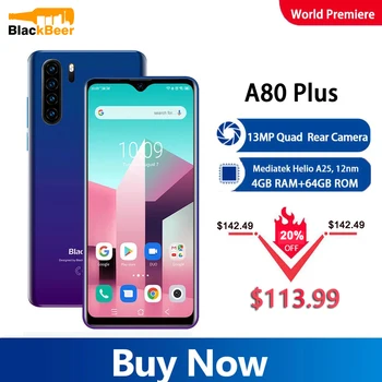 Перейти на Алиэкспресс и купить Blackview A80 Plus 6,49 дюйм4G мобильный телефон Helio A25 Android 10,0 мобильный телефон 4 Гб 64 Гб восьмиядерный смартфон 13 МП Sony камера 4680 мАч