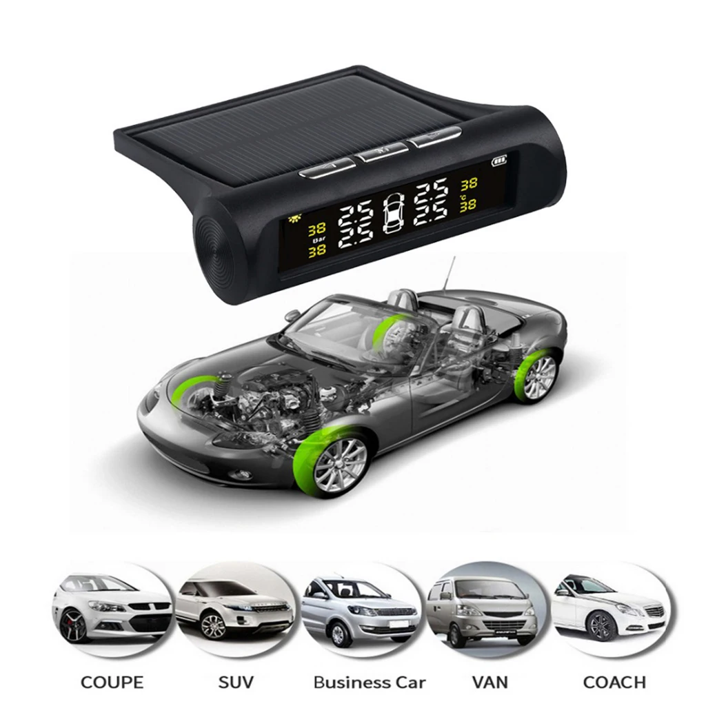 TPMS Solar Power Car Tire Pressure Alarm Monitor System Digital LCD Real-time Display Auto Security Alarm Systems Tyre Pressure