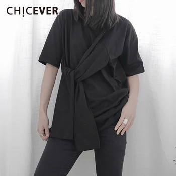 

CHICEVER Asymmetrical T-shirt Women O Neck Short Sleeve Bandage Large Size Tops Female 2020 Streetwear Fashion Summer