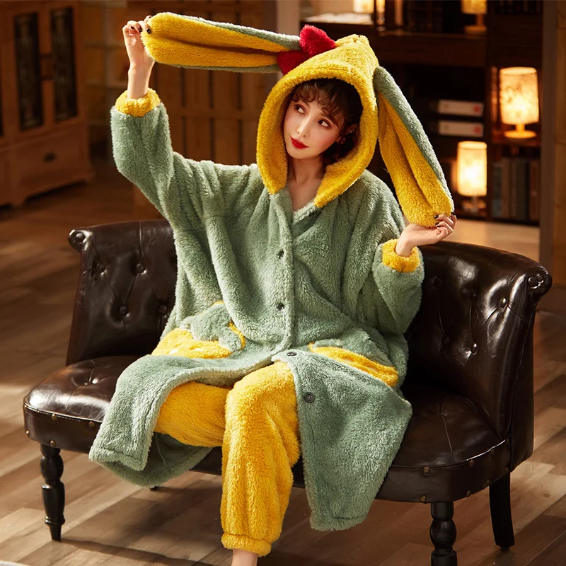 

Women Sleepwear Medium Style Winter Pajamas Plus Size Set Loose Version Keep Warm Intensification Pyjamas Plush Nightgown Hooded