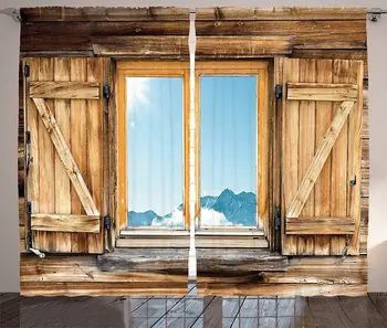 

Shutters Window Curtains Weathered Facade of a Mountain Hut Mountain Reflection in The Window Picture Living Room Decor Bedroom