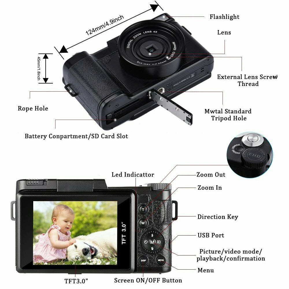 2.7K Full HD Digital Camera D1 3.0'' 24MP Photographic Camera 4x Zoom Rotating Screen Professional EIS Video Camera w/h YouTube digital camera for photography