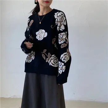 

HziriP 2020 Vintage Lazy Style Romance Floral O-Neck Basic New Loose Jumpers Casual Knitted Warm All-Match Pullovers Sweater