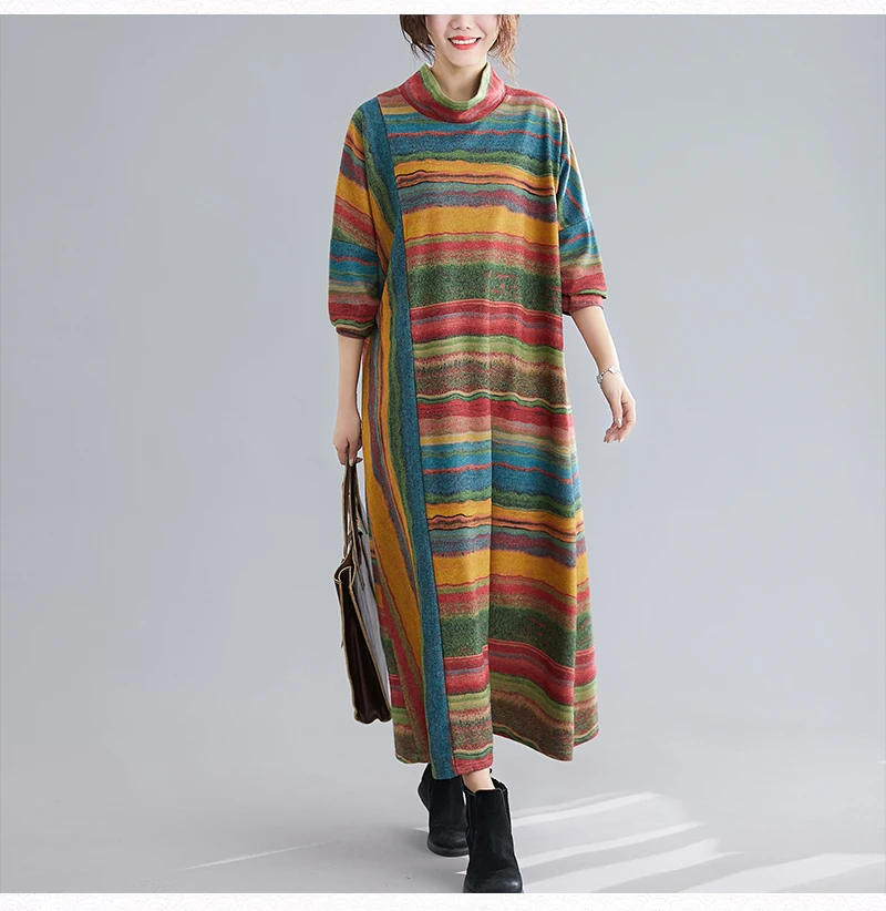 

P Ammy Women's Wool Striped Long Dress Winter Plus Size Bat Sleeve Turtle Neck Jersey Jumper Dress Blanket Tunics pullover