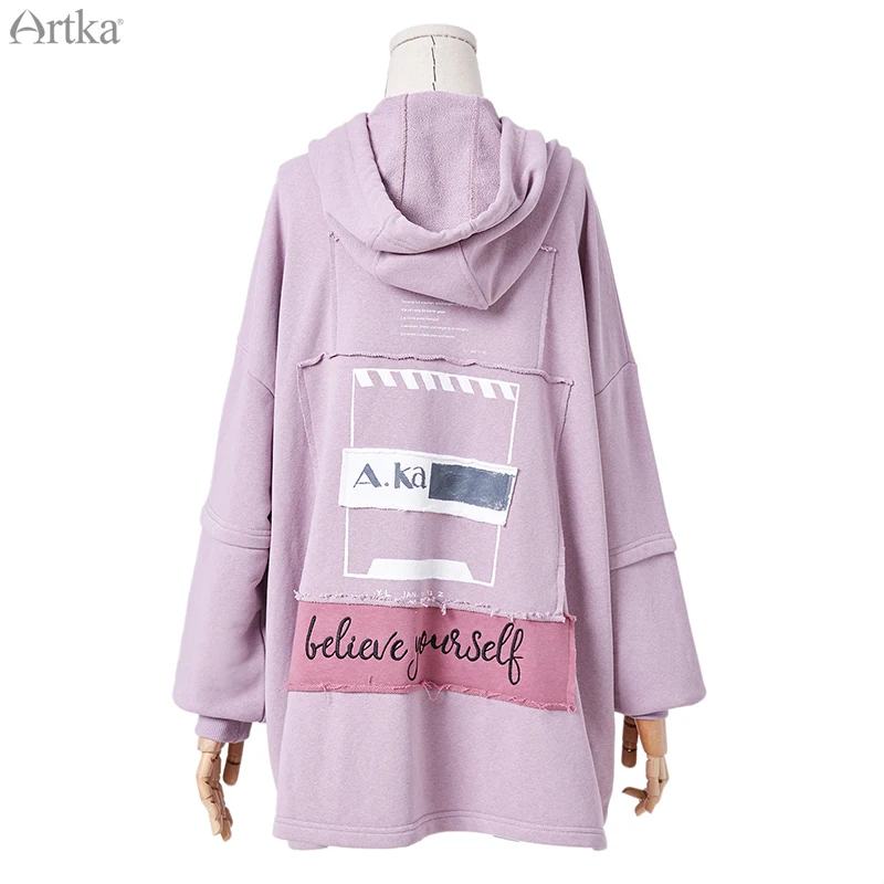  ARTKA 2019 Autumn New Women Hoodies Fashion Letter Embroidered Hoodies Long Loose Casual Pullover H