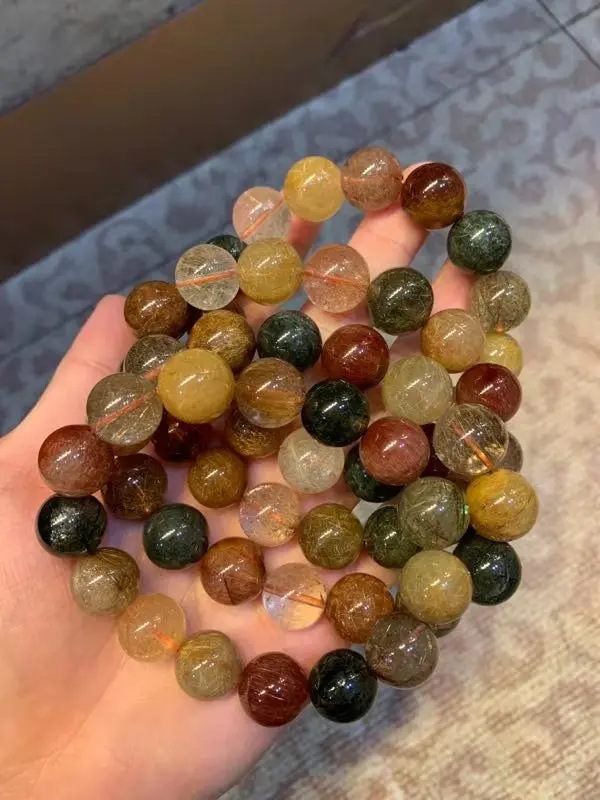 

Natural Colorful Rutilated Quartz Crystal Women Men Clear Round Beads Bracelet 13mm 14mm Gold Red Green Copper Genuine AAAAA