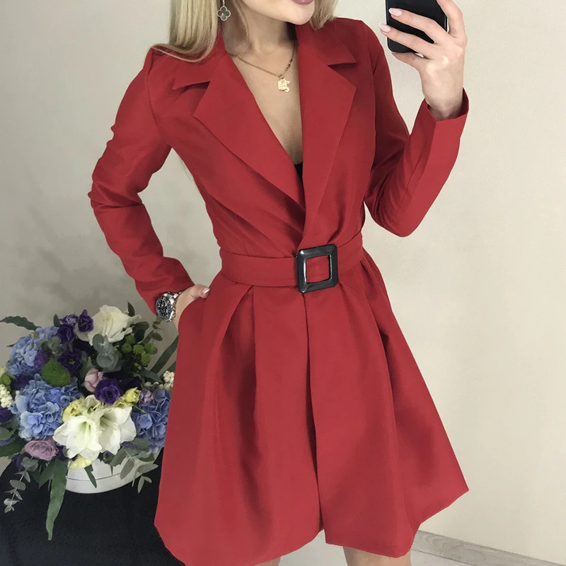 Goedkoop Vrouwen Herfst Winter Sjerpen Mini Jurk Office Dames Turn Down Kraag Solid EEN Lijn Jurk 2019 Nieuwe Mode Toevallige vrouwen Jurken