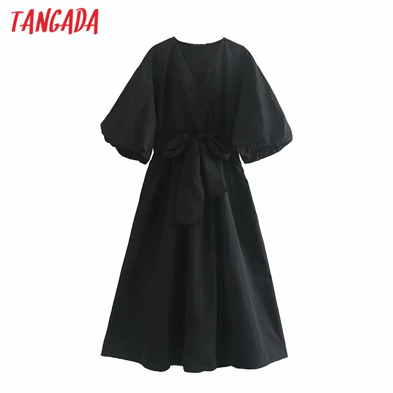 Tangada женское черное длинное платье с поясом с v-образным вырезом с манжетным рукавом ботинки с декором гофре Maxi dress Vestidos 4M89