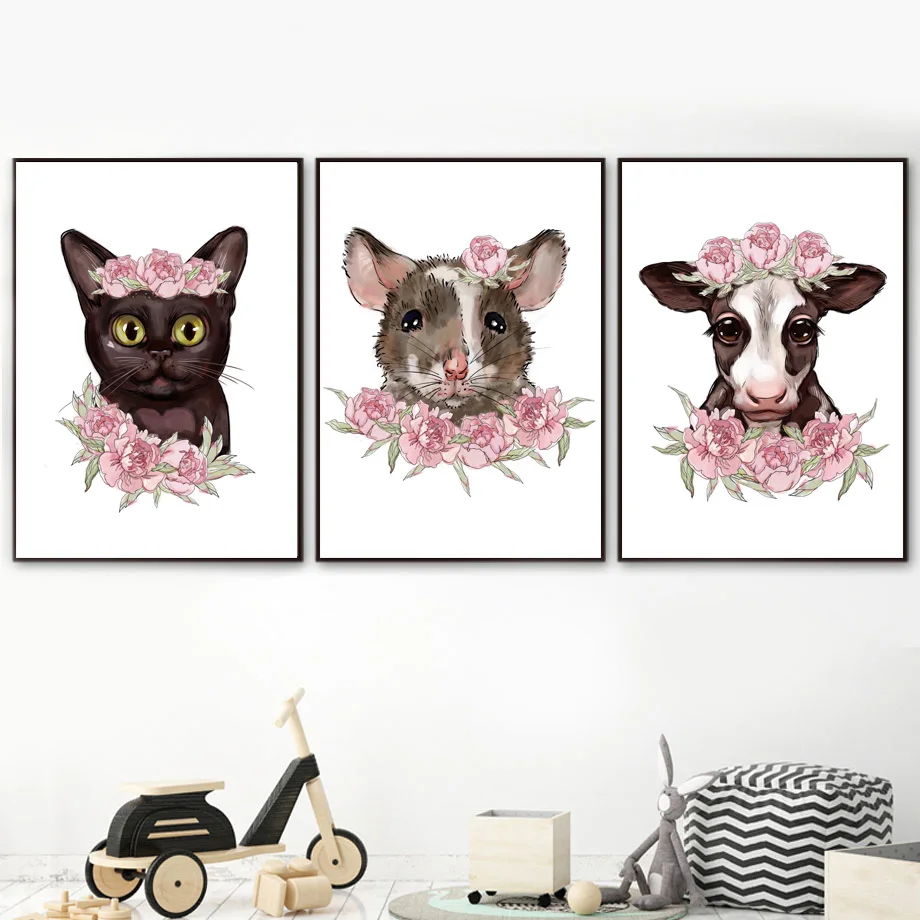 Flamingo Elephant Fox Duck Dog Flower Nursery Wall Art Canvas Painting Nordic Posters And Prints Wall Pictures Kids Room Decor