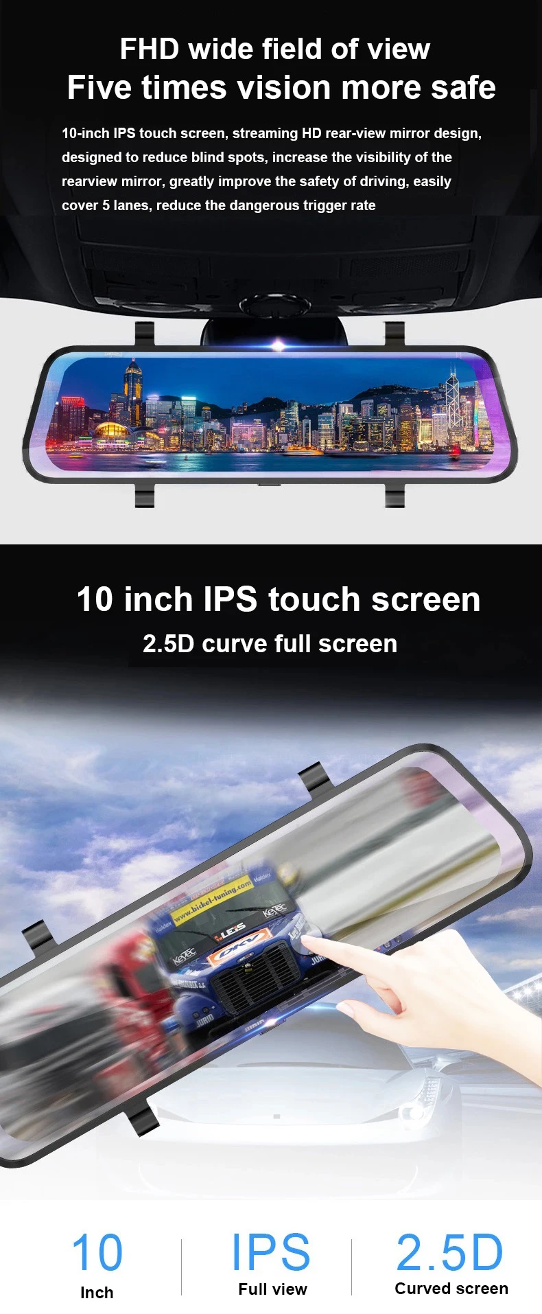 10 дюймов Видеорегистраторы для автомобилей Камера потоковый медиа-Зеркало заднего вида Full HD 1080P 2.5D ips Сенсорный экран Двойной объектив Ночное Видение G-Сенсор тире Камера