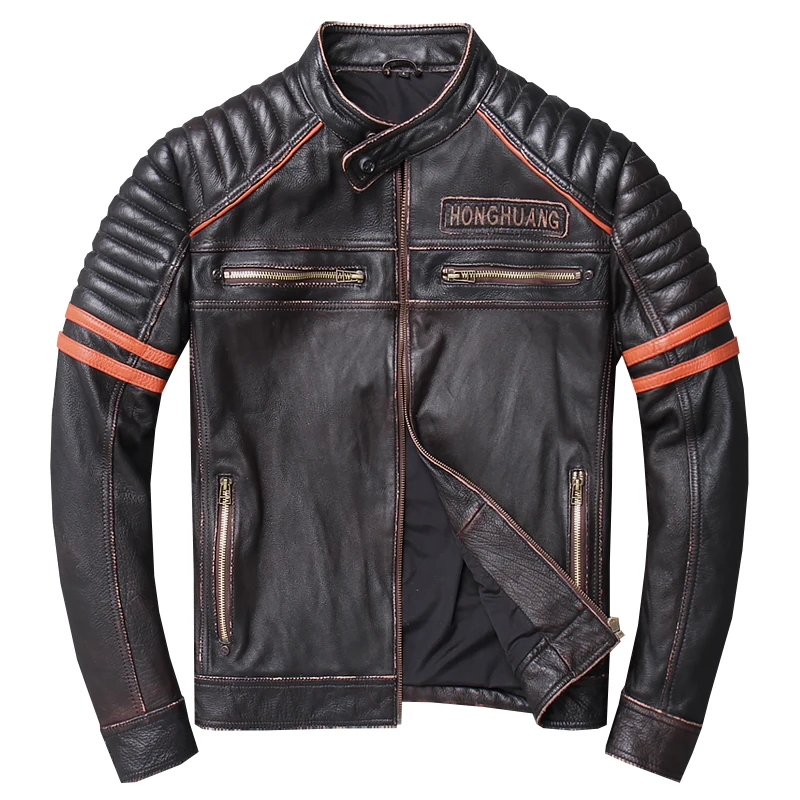 

Mens Genuine Leather Jackets Coats Harley Jacket Motorcycle Men Real Cow Cowhide Punk Hip Hop Skulls Brown Outerwear Plus Size