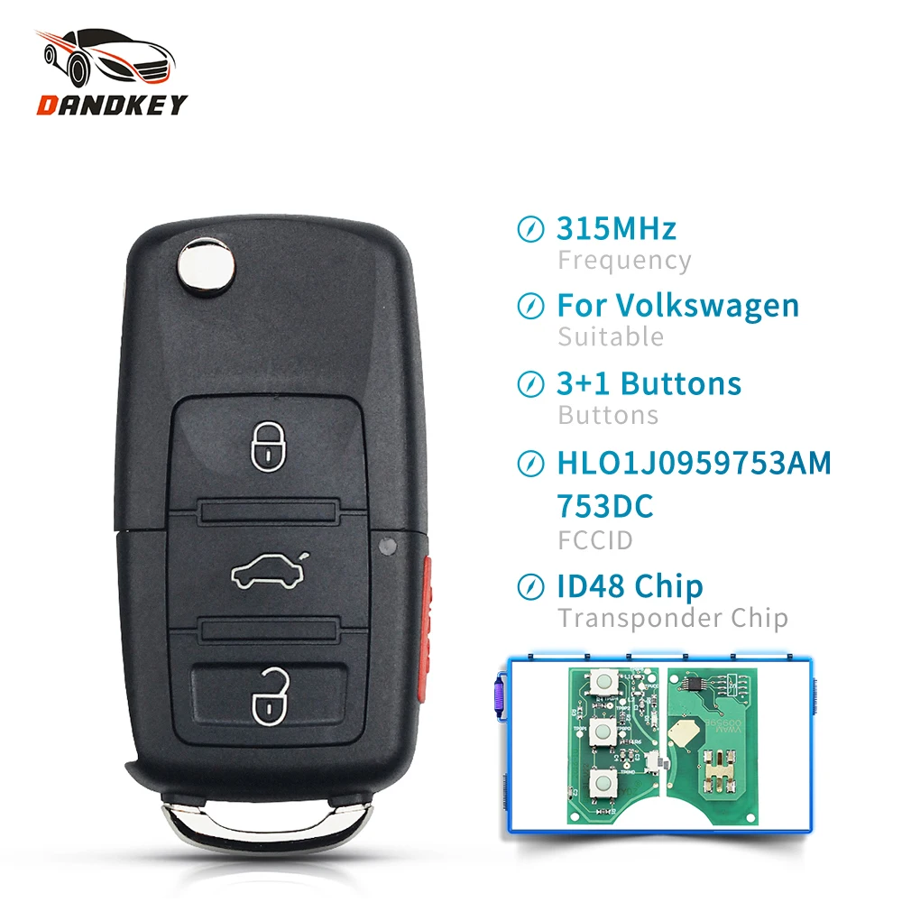 

Dandkey Car Flip Key 315MHz ID48 Chip Remote Key For VW/Volkswagen Beetle Golf Passat Jetta HLO 1J0 959 753 AM Fob Control