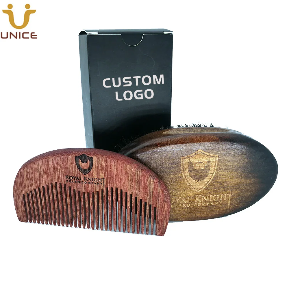 MOQ 100 sets Custom LOGO Beard Kits Retro Beard Brush and Amoora Wood Comb With Printed LOGO Black Gift Box Mens Grooming Tools 100pcs lot oem customize logo retro beard brush and sandalwood fine