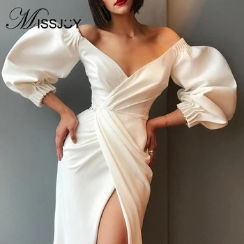 

MISSJOY Sexy Women Dresses Deep V-Neck Black Slim Split Puff Sleeve Patchwork Pleat Solid Color Autumn 2019 Party Ladies Elegant