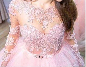 

free shipping party gown custom made long sleeves lace appliques beading pink ball gown Quinceanera Dresses