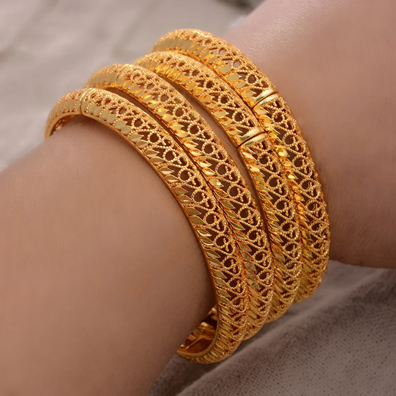 

ANNAYOYO 4Pcs/lot Ethiopian Africa Gold Color Bangles for Women Dubai Bride Bracelet African Wedding Jewelry Middle East Items