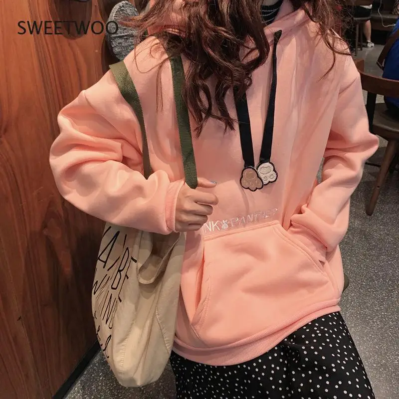 New Hoodies Women Winter Warm Thickening Sweet Cute Hat Long Sleeve Hooded Pullover Korean Loose Women's Tops Sweatshirt Loose