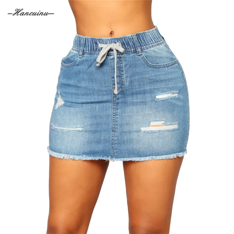 

Hancuinu Women Blue Ripped Casual Mini Denim Skirt 2019 Summer New Women Lace Skirt Basic Pocket Jeans Skirt Mid Waist Skirt