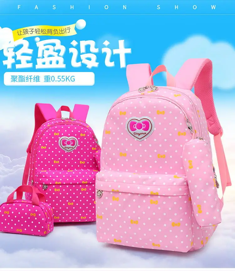 

New Style Three-piece Set Junior High School Primary School Backpack Ultra-Light Burden Relieving Princess School Bag Bow