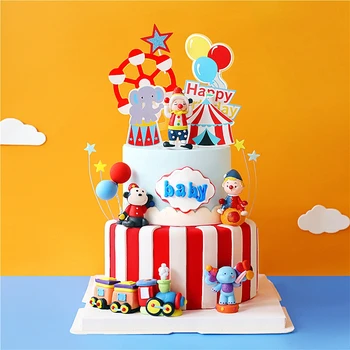 

Clay Monkey Clown Elephant Circus kids Happy Birthday Cake Topper for Baby Shower Baking Supplies Sweet Gifts