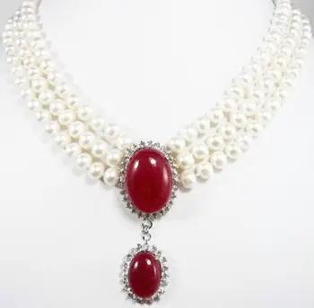 

3 Rows 7-8mm White Freshwater Pearl Red Jade Crystal Pendant Necklace