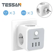 Tessan ue tomada tira de alimentação da ue com 3 tomadas 3 porta usb interruptor de ligar/desligar, 100-250v tomada tomada adaptador de carregador de parede